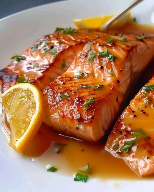 20 minute pan seared salmon fillet with citrus butter glaze on a plate