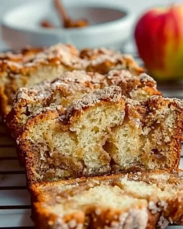 Freshly baked apple bread with slices displayed on a wooden table