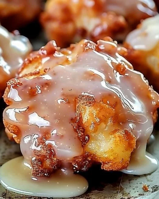 Baked apple fritters drizzled with glaze on a plate