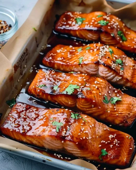 Baked teriyaki salmon on a plate garnished with sesame and green onions