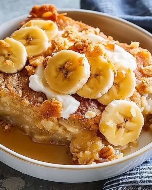 Delicious banana bread cobbler topped with fresh bananas and brown sugar.