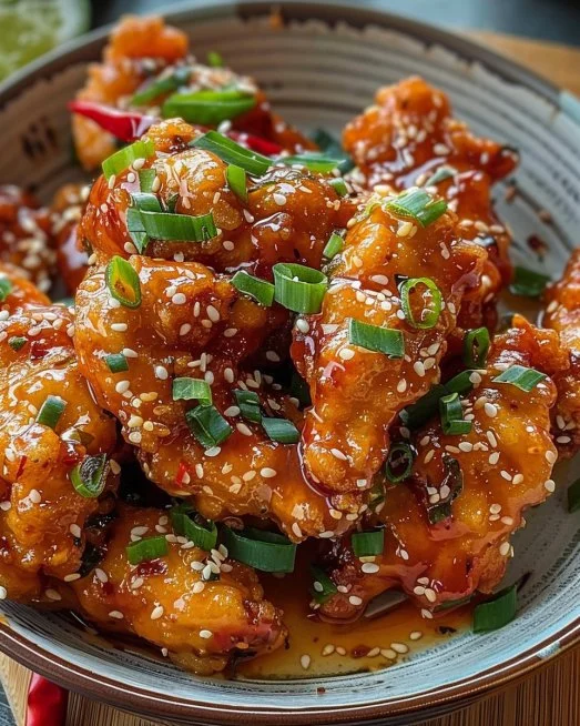 Bang Bang Chicken 2 Plate of spicy Bang Bang Chicken garnished with green onions and sesame seeds