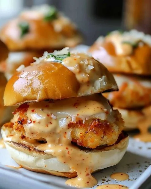 Bang Bang Chicken Sliders served with spicy sauce and fresh toppings