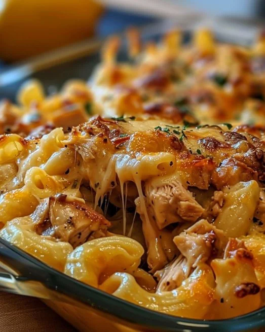 BBQ Chicken Mac and Cheese 2 Delicious BBQ chicken mac and cheese baked with a cheesy topping and smoky flavors.