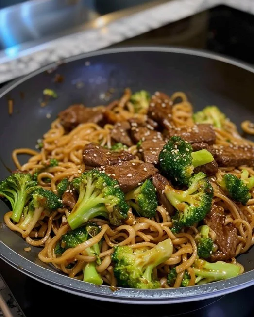 Delicious Beef and Broccoli Lo Mein served in a bowl.