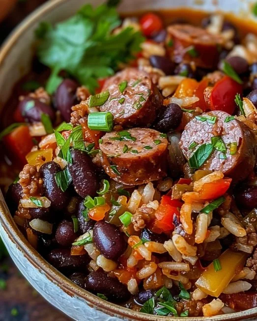 Black Beans and Rice with Sausage 2 Delicious black beans and rice with sausage dish served in a bowl.