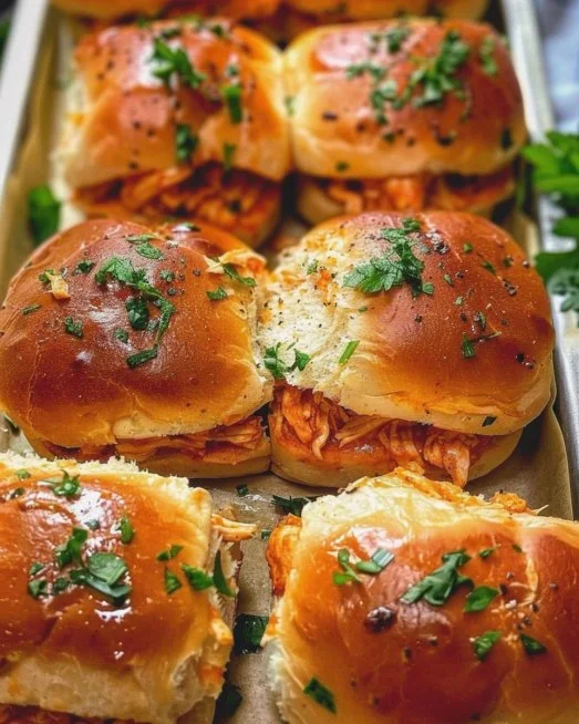 Buffalo Chicken Sliders 2 Buffalo Chicken Sliders served on a platter with dipping sauce