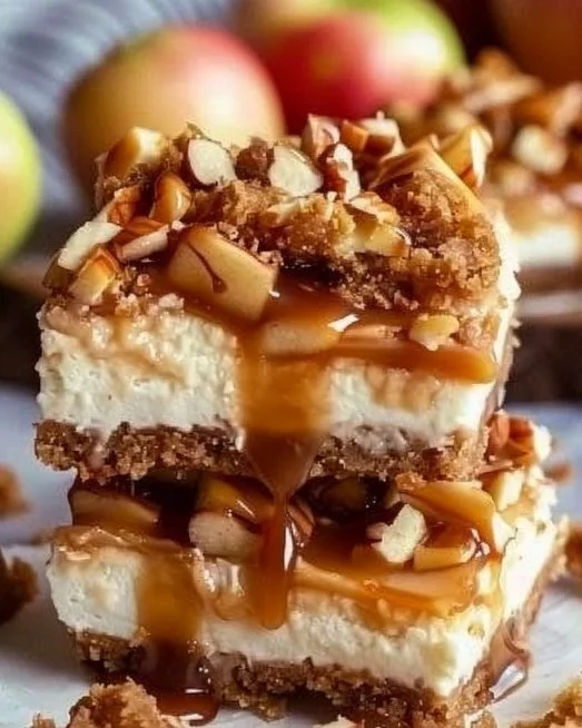 Caramel Apple Cheesecake Bars 2 Delicious Caramel Apple Cheesecake Bars with caramel drizzle and apple slices.