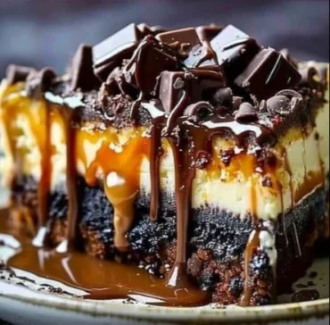 Delicious caramel brownie cheesecake topped with drizzled caramel