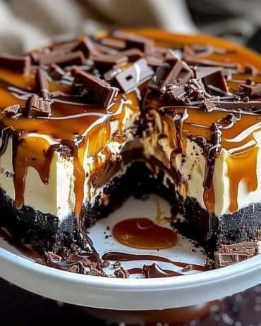 Delicious Caramel Brownie Cheesecake topped with caramel drizzle