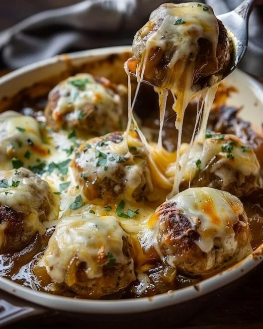 Cheesy French Onion Meatballs 2 Delicious cheesy French onion meatballs served with melted cheese on top