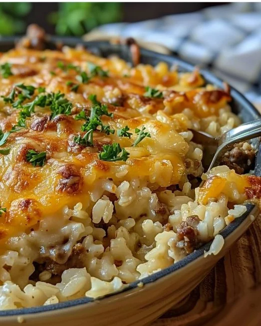 Cheesy Hamburger Rice Casserole topped with melted cheese
