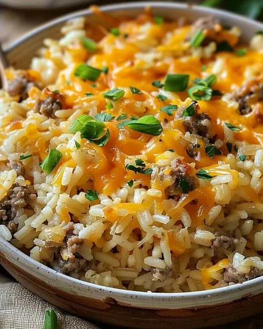 Cheesy Hamburger Rice Casserole 2 Delicious cheesy hamburger rice casserole served in a dish