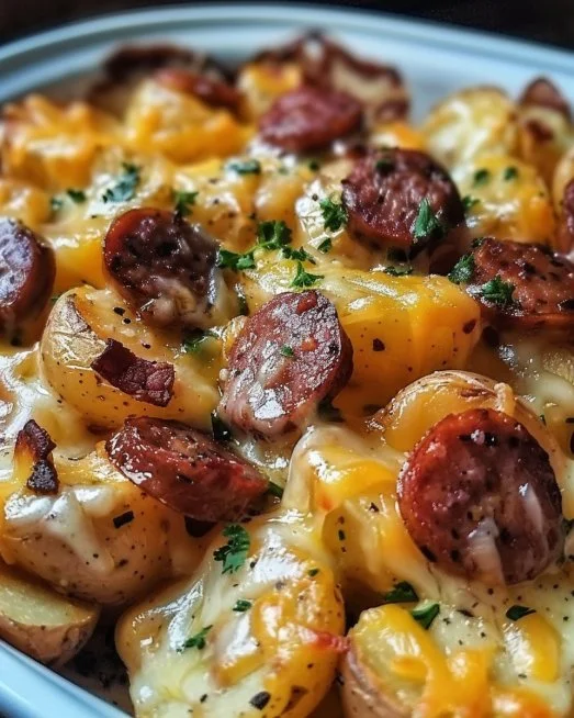 Cheesy Ranch Potatoes and Smoked Sausage 2 Cheesy ranch potatoes with smoked sausage on a plate, garnished for presentation.
