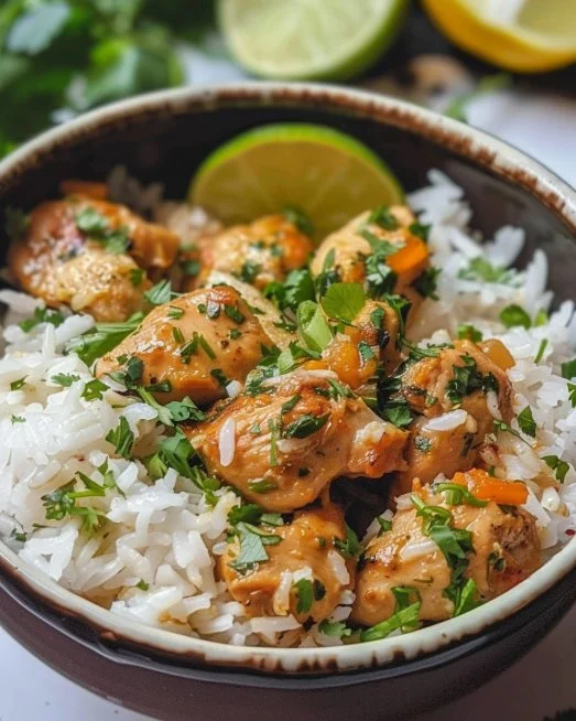 Coconut Chicken & Rice 2 Delicious Coconut Chicken served with fluffy rice on a plate