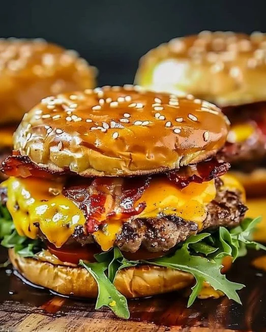 Crack Burgers 2 Delicious Crack Burgers stacked with toppings and served with fries.