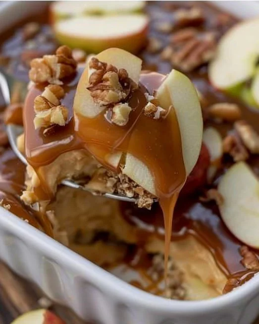 Creamy Caramel Apple Cheesecake Dip 2 Creamy caramel apple cheesecake dip served with apple slices and graham crackers.