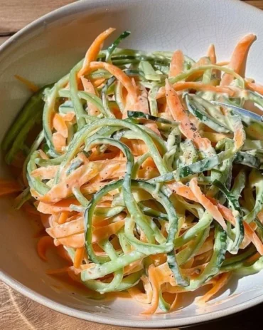 Creamy cucumber and carrot salad served in a bowl with fresh herbs