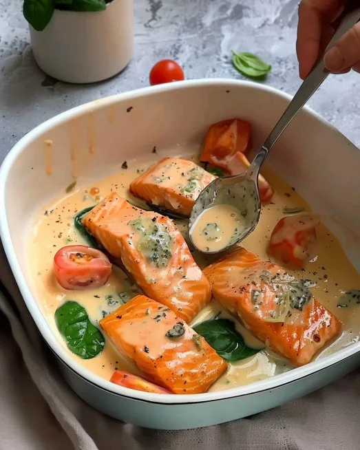 Creamy Herb Salmon with Spinach and Tomatoes 2 Plate of creamy herb salmon with spinach and tomatoes garnished with fresh herbs.