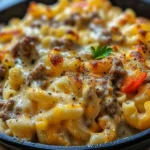 Creamy Philly Cheesesteak Mac & Cheese dish garnished with herbs.