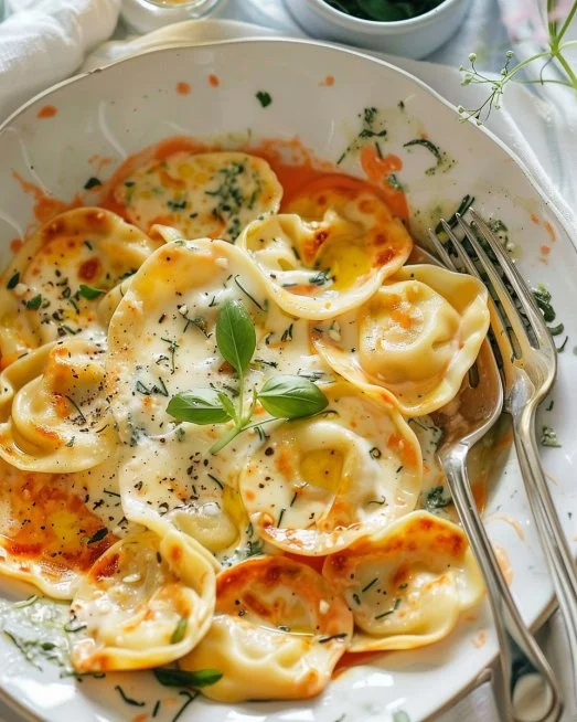 Creamy Salmon Tortellini 2 Creamy salmon tortellini dish garnished with herbs and served in a bowl.