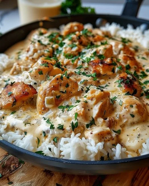 Creamy Smothered Chicken and Rice 2 Creamy smothered chicken served over rice in a comforting meal