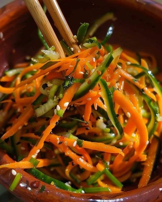 Cucumber Carrot Salad 8 Fresh cucumber carrot salad with dressing and herbs in a bowl