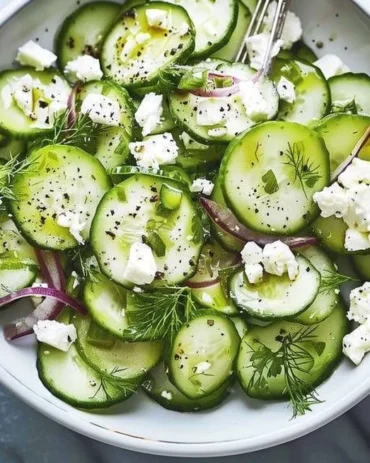 Cucumber Feta Salad with Lemon Greek Vinaigrette served in a bowl