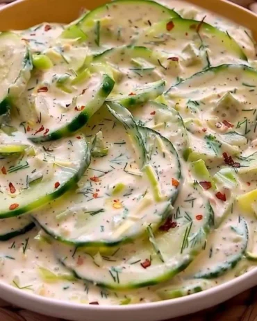 Fresh cucumber salad with herbs and dressing in a bowl
