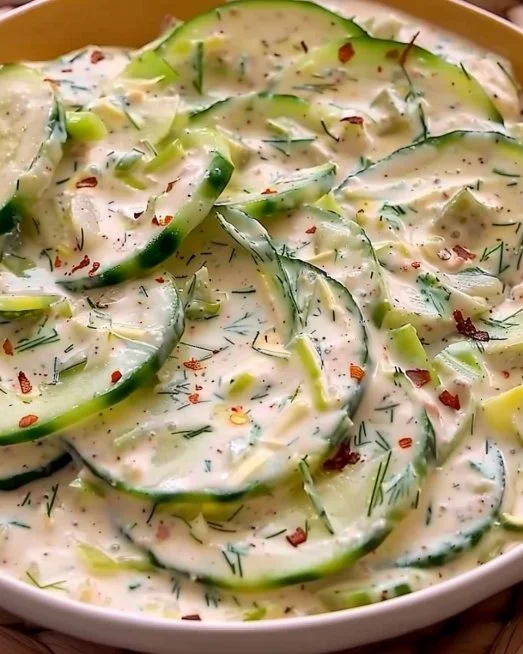Cucumber Salad 1 Fresh cucumber salad with herbs and dressing in a bowl