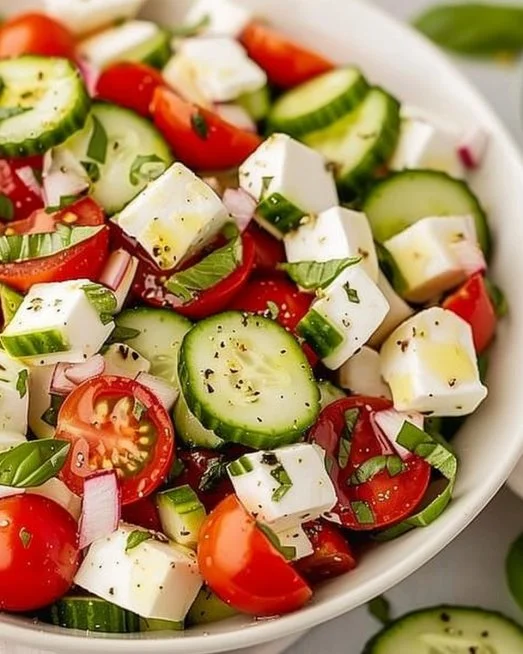Cucumber Tomato Salad 2 Fresh Cucumber Tomato Salad with greens and dressing