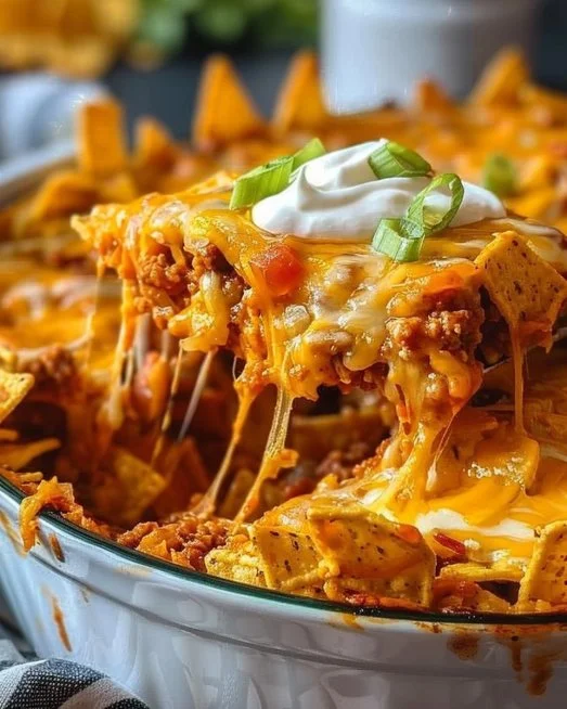 Dorito Casserole 2 Delicious Dorito Casserole topped with cheese and crushed Doritos