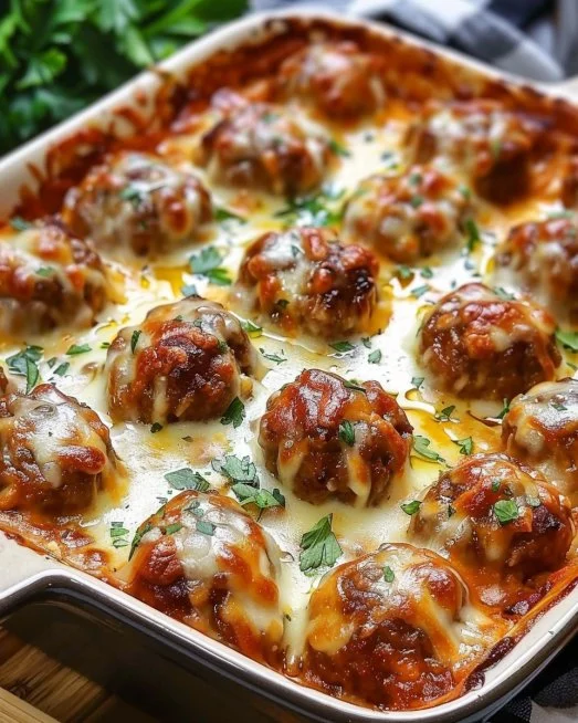 Delicious dump-and-bake meatball casserole topped with cheese and herbs