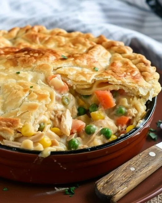 Easy Chicken Pot Pie Casserole 2 Easy chicken pot pie casserole served in a baking dish with golden crust.