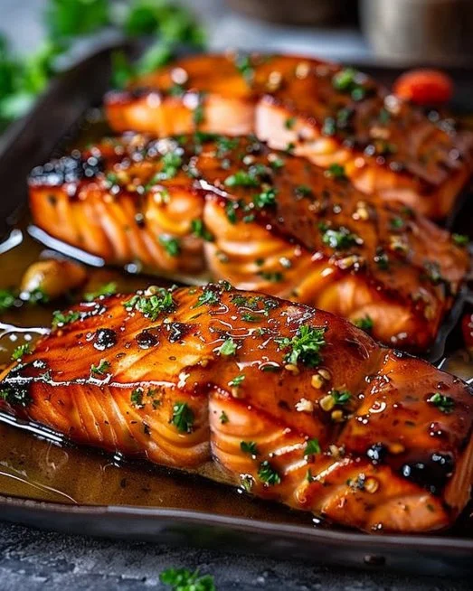 Crispy honey garlic glazed salmon on a plate garnished with herbs