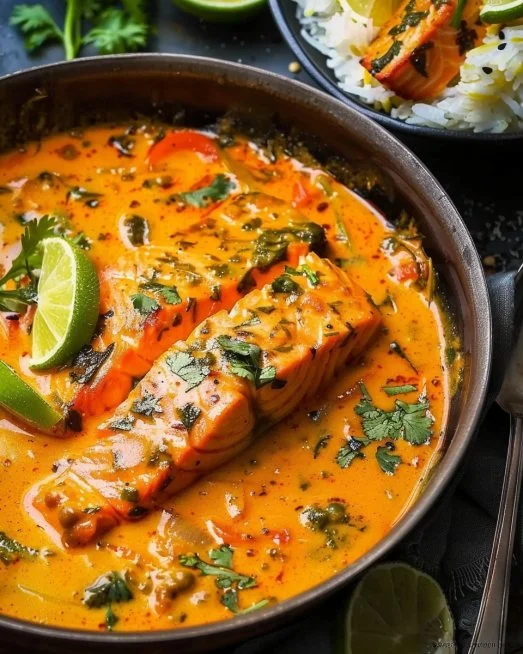 Easy Salmon Coconut Curry 2 Easy salmon coconut curry served with rice and vegetables.