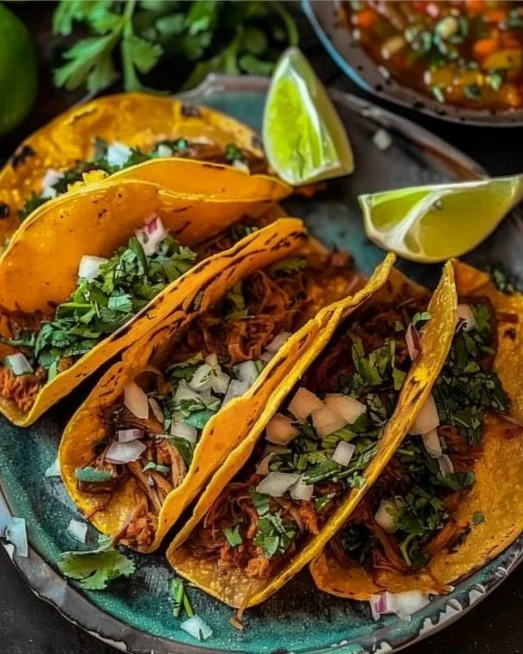 Delicious Birria Tacos served with rich dipping sauce and garnished with onions and cilantro.