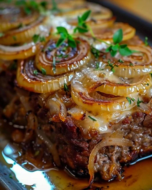 Delicious French Onion Meatloaf topped with melted cheese and caramelized onions.