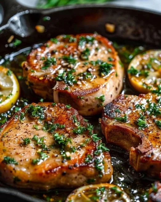 Delicious garlic butter pan-seared pork chops on a plate