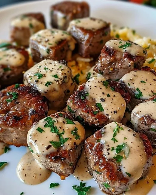 Garlic Butter Steak Bites with Creamy Parmesan Sauce 2 Delicious garlic butter steak bites topped with creamy Parmesan sauce on a plate