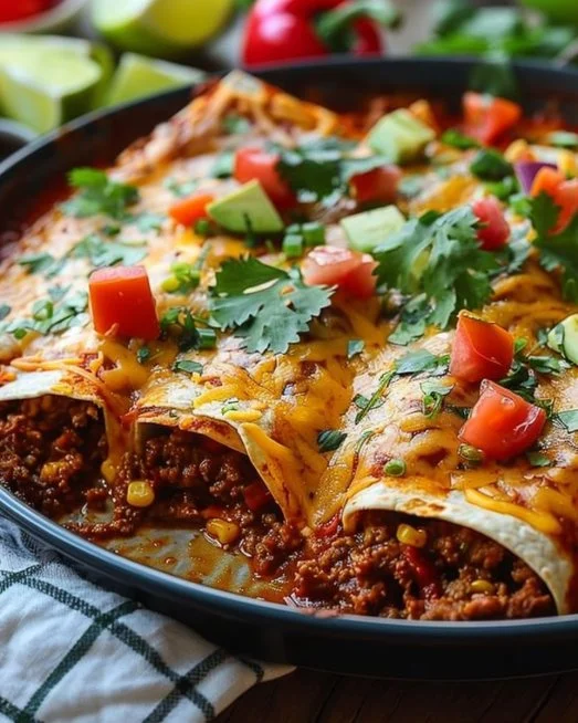 Ground beef enchiladas topped with cheese and salsa, served on a plate