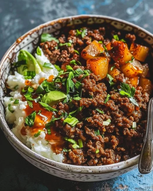 Ground Beef Hot Honey Bowl 2 Ground Beef Hot Honey Bowl with colorful vegetables and spicy honey drizzle