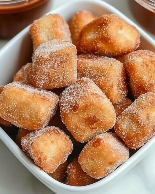 Healthy Air Fryer Churro Bites 2 Healthy air fryer churro bites coated in cinnamon sugar on a plate