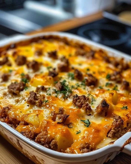 Delicious hobo casserole dish served in a baking dish with colorful ingredients