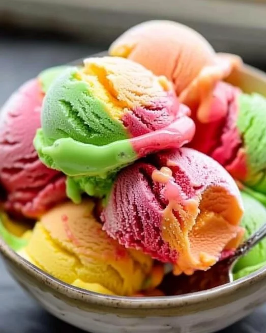 Homemade Rainbow Sherbet 2 A colorful bowl of homemade rainbow sherbet with fruity flavors