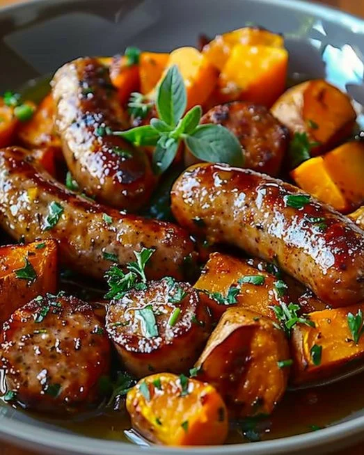 Honey Garlic Sausage with Sweet Potatoes 2 Honey garlic sausage served with roasted sweet potatoes