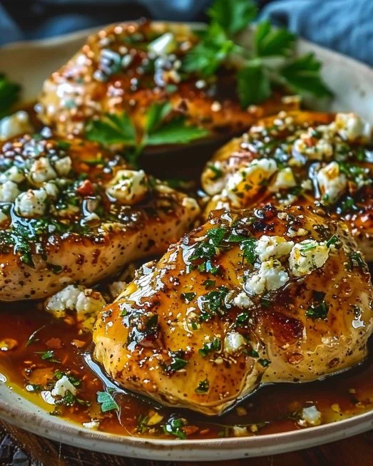 Hot Honey Feta Chicken 2 Delicious Hot Honey Feta Chicken garnished with herbs and served on a plate.