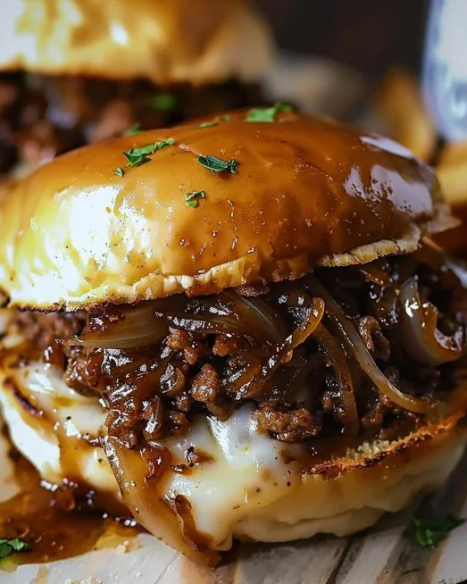 Irresistible French Onion Beef Sloppy Joes 2 Plate of irresistible French Onion Beef Sloppy Joes with caramelized onions.
