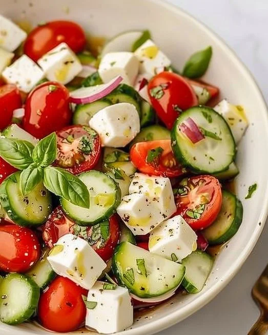 Juicy Cucumber Caprese Salad with fresh cucumbers, mozzarella, and tomatoes