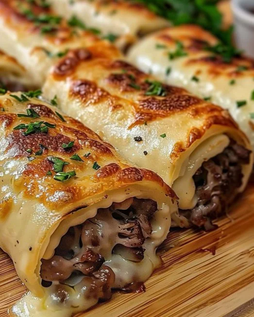 Keto Philly Cheesesteak Roll Ups 2 Keto Philly Cheesesteak Roll Ups with cheese and green peppers on a plate